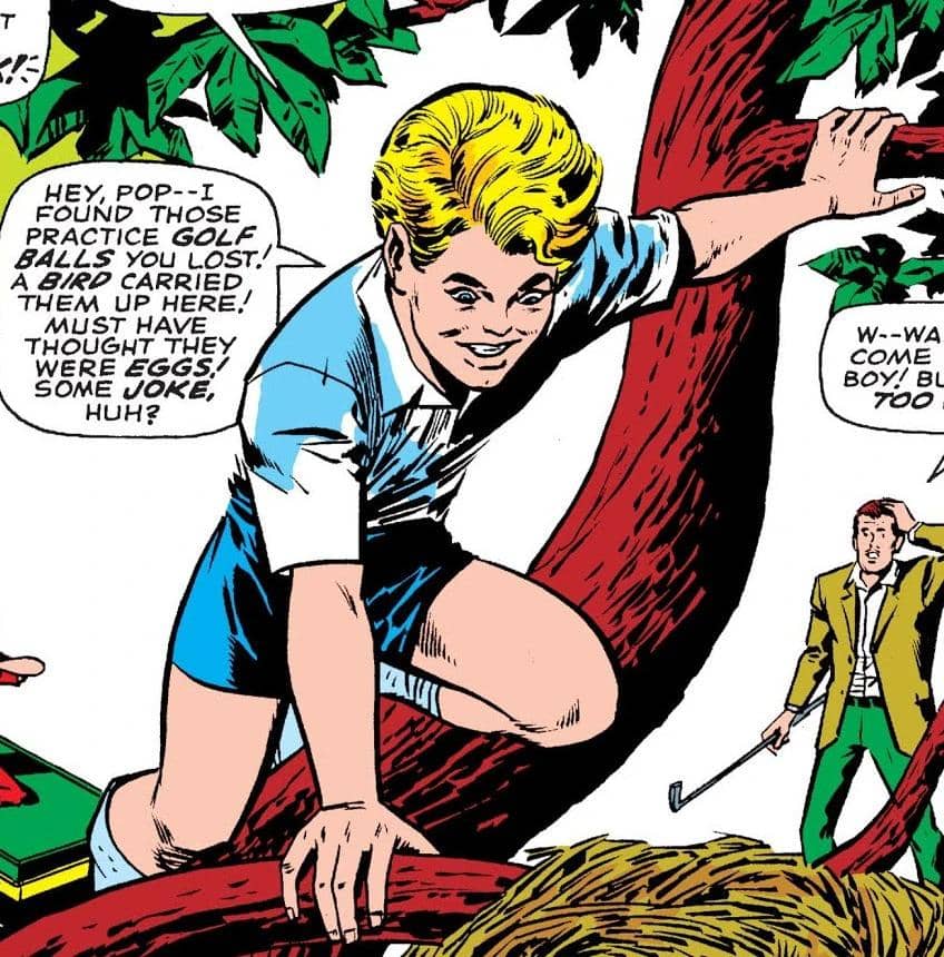Angel, anggota X-Men dari Marvel Comics, terbang dengan sayap putih besar di tengah latar langit berawan.