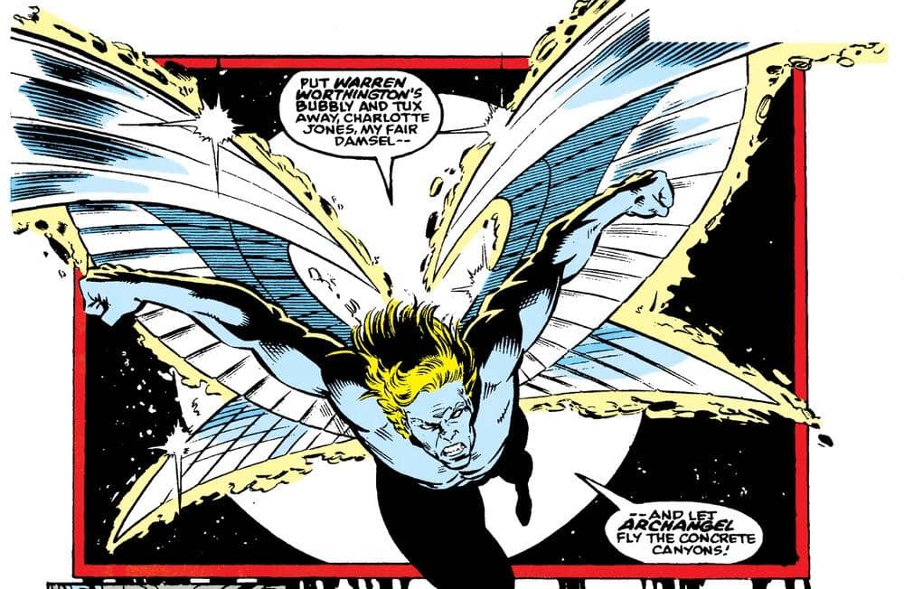 Ilustrasi karakter Angel dari X-Men dengan sayap putih besar mengenakan kostum biru-putih karya Marvel Comics.