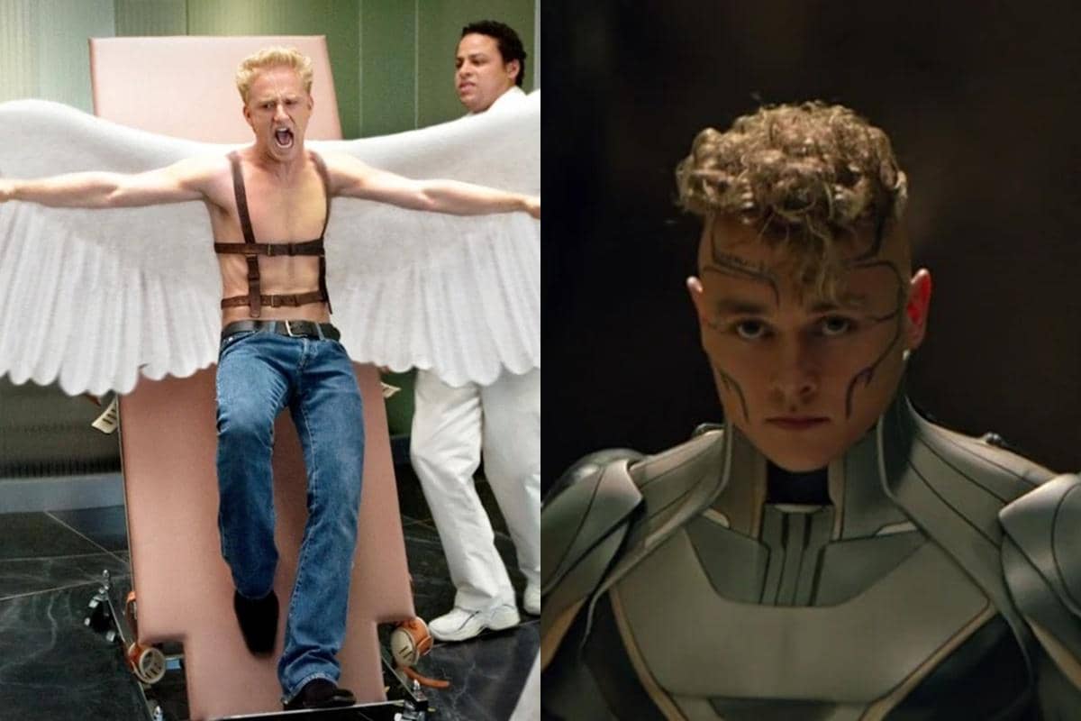 Angel, mutan bersayap dari film live-action X-Men, berdiri dengan sayap putih besar terbentang di belakangnya.