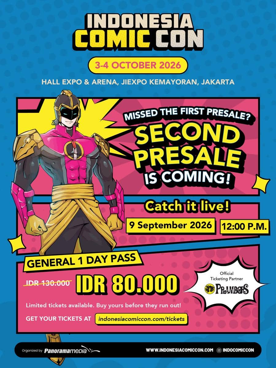 Poster tiket Indonesia Comic Con 2026 dari akun Instagram Indonesia Comic Con dengan informasi acara dan pembelian tiket.