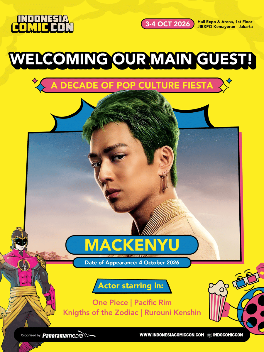 Poster Indonesia Comic Con 2026 mengumumkan kehadiran aktor Mackenyu sebagai salah satu tamu dalam acara tersebut.