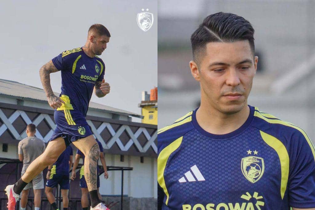 Dua pemain PSM, Lars Veldwijk (kiri) dan Sergio Aguero (kanan), dalam sesi latihan.