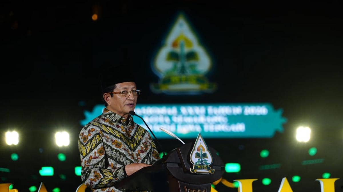 Menteri Agama Nasaruddin Umar memberikan sambutan pada pembukaan MTQ Nasional XXXI 2026 di Semarang, Sabtu, 13 September 2026.
