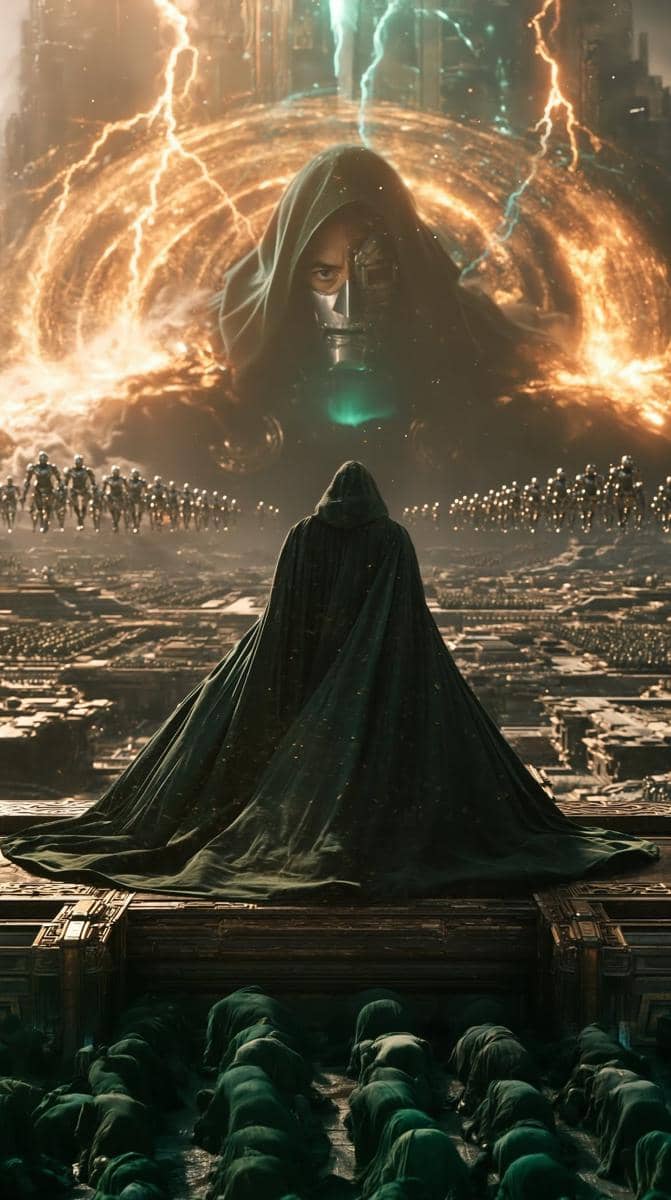 Doctor Doom tampak belakang sedang berdiri tegak mengawasi barisan pasukan militernya yang berbaris rapi.