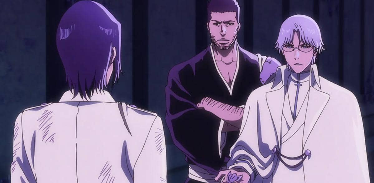 Ryuken dan Isshin menyerahkan panah perak kepada Ishida dalam adegan Bleach TYBW Part 4 produksi Pierrot.