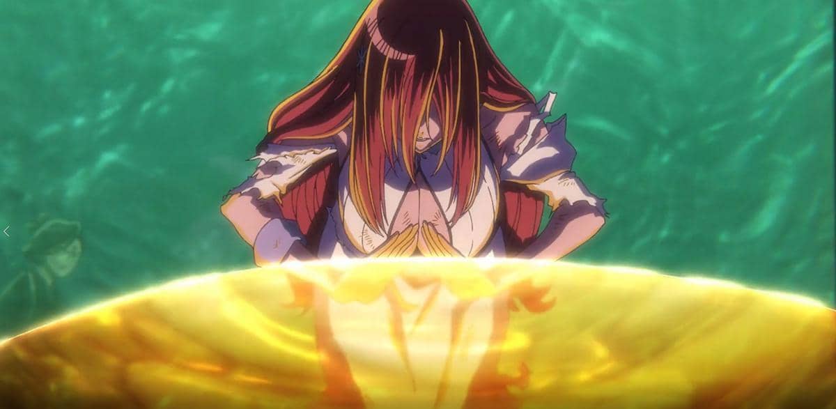 Orihime berusaha memperbaiki Tensa Zangetsu dalam adegan anime Bleach TYBW Part 4 produksi Studio Pierrot.