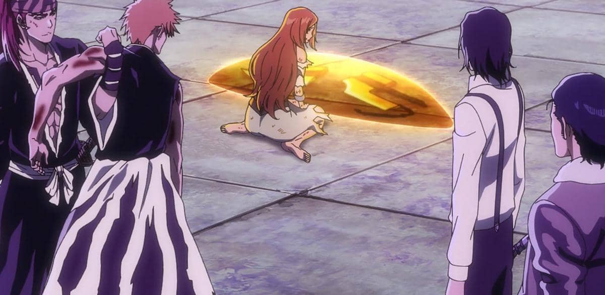 Tsukishima berbicara kepada Orihime yang tampak tegang, memintanya menggunakan kemampuan sekali lagi dalam Bleach TYBW Part 4.