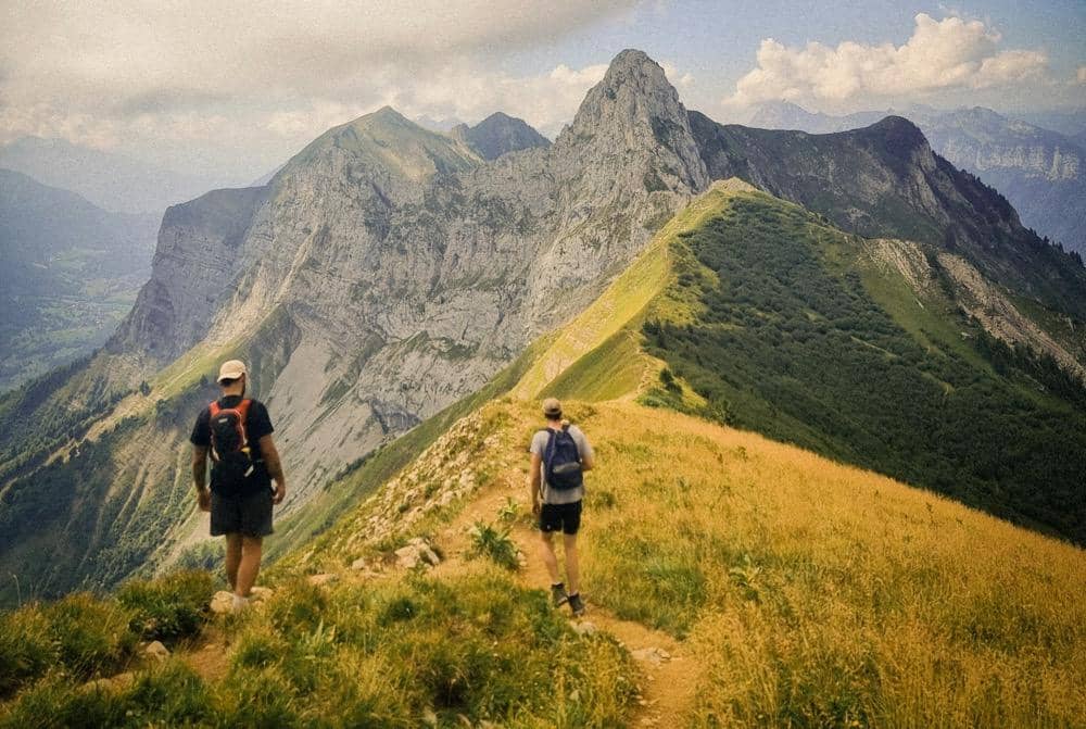 ilustrasi dua orang pria hiking di gunung