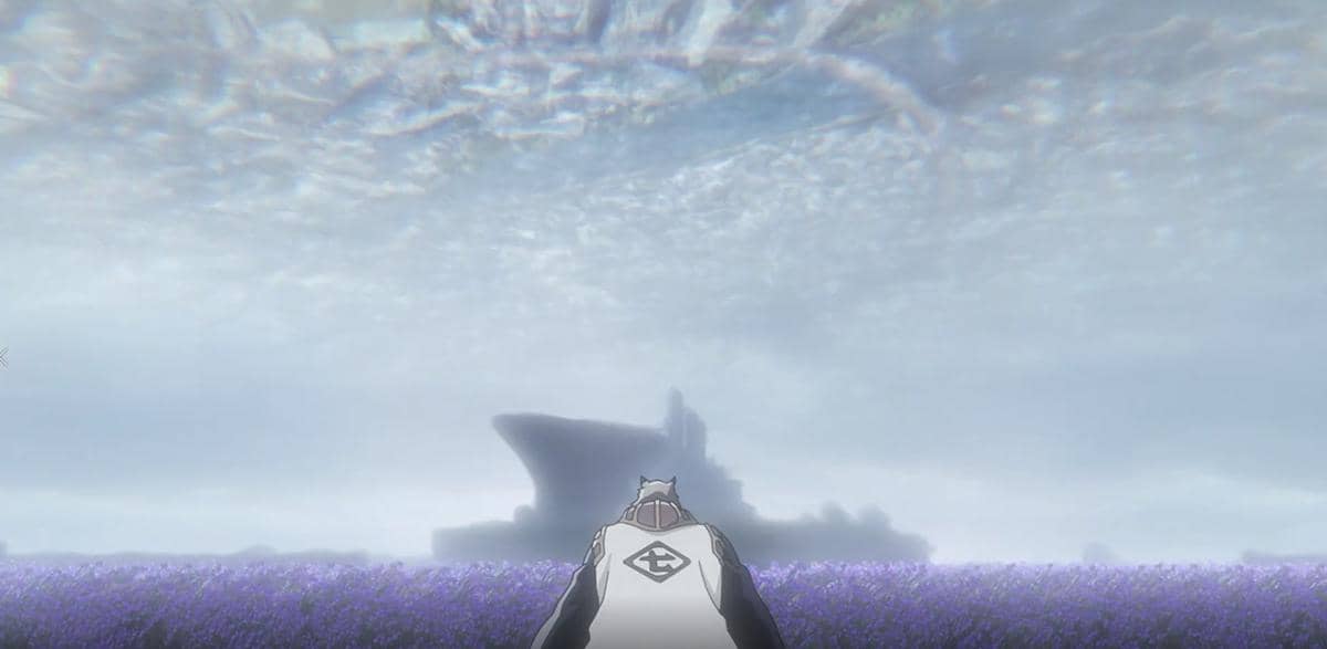 Sajin Komamura memandang dua dunia yang nyaris bertabrakan dalam adegan anime Bleach TYBW Part 4 produksi Studio Pierrot.