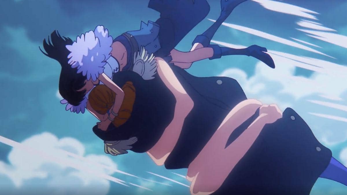 Robin menyeret Sommers hingga keduanya jatuh ke jurang yang gelap dan dalam pada adegan anime One Piece.