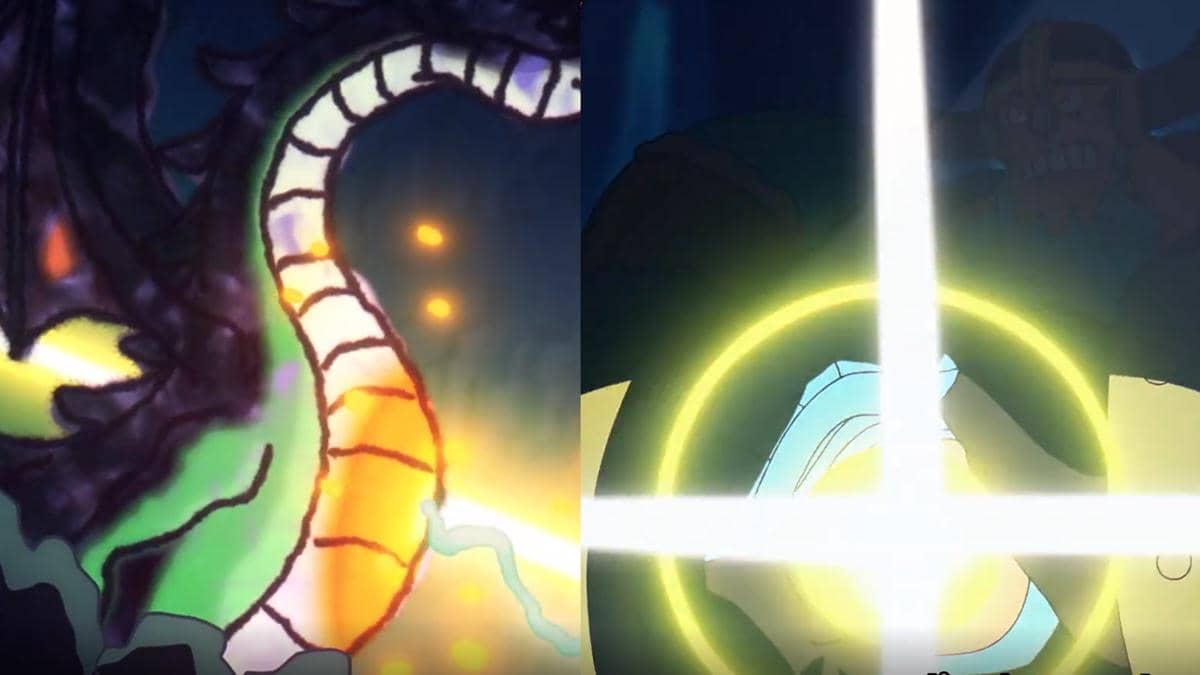 Franky menembakkan senjata ke arah naga Nidhogg dalam adegan anime One Piece produksi Toei Animation.