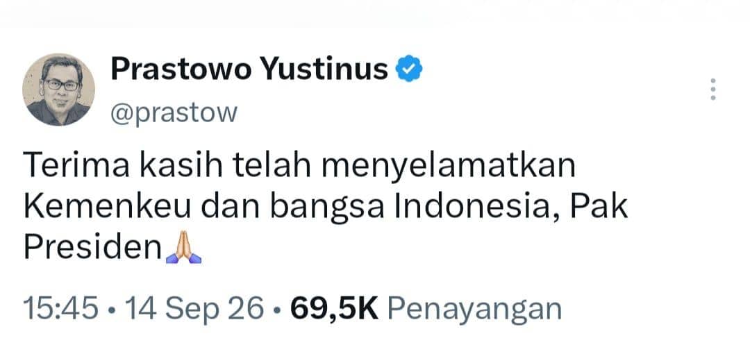 Eks Stafsus Sri Mulyani: Terima Kasih Pak Presiden Selamatkan Kemenkeu