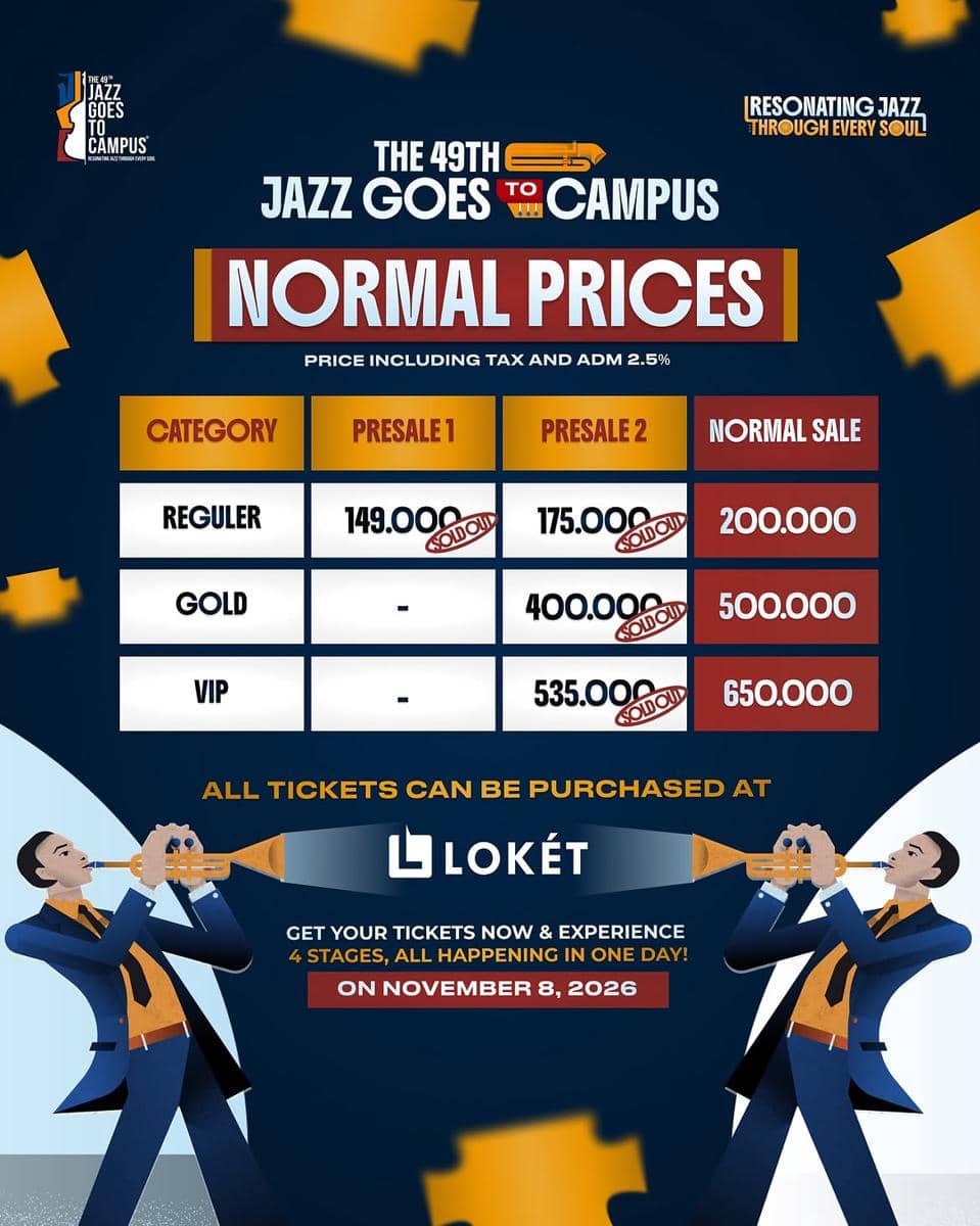 Poster promosi Jazz Goes to Campus 2026 yang mencantumkan identitas akun Instagram resmi @jgtcfestival.