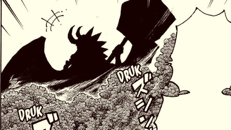 Siluet wujud hybrid Zoan Loki terlihat gelap dengan bentuk tubuh besar dalam ilustrasi manga One Piece.