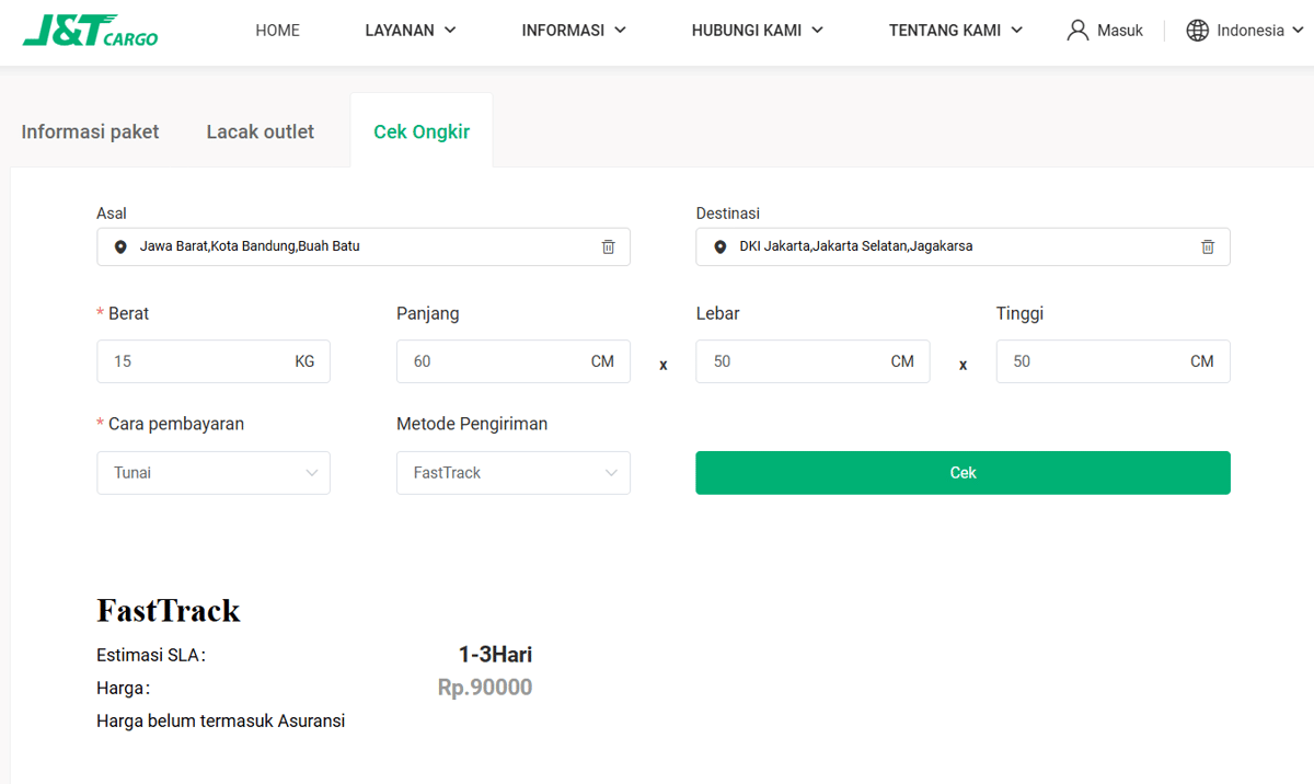 Ilustrasi menghitung ongkir J&T Cargo di website resmi J&T Cargo