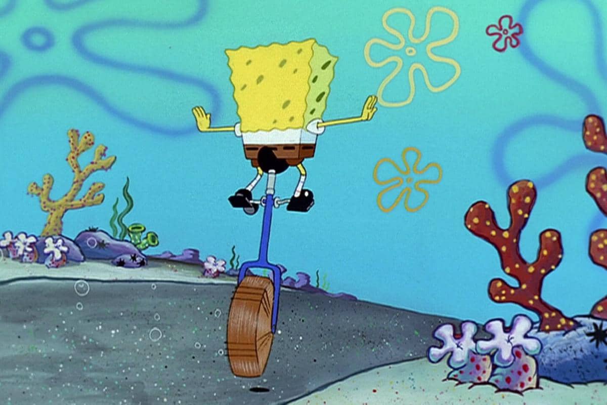 sepeda roda satu yang dikendarai SpongeBob dengan lihai