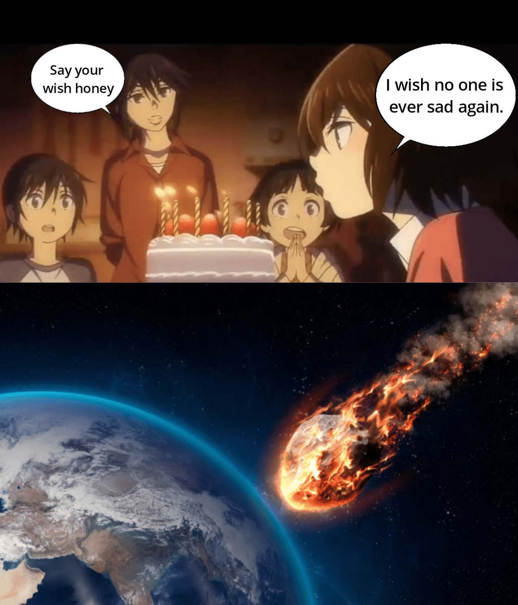 Meme bergaya anime bertema hadiah menampilkan karakter ilustrasi dan teks percakapan bernuansa humor.
