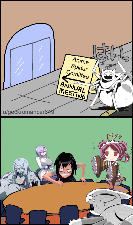 Meme bergaya anime tentang cewek laba-laba yang dibagikan oleh pengguna Reddit bernama geckromancer649.