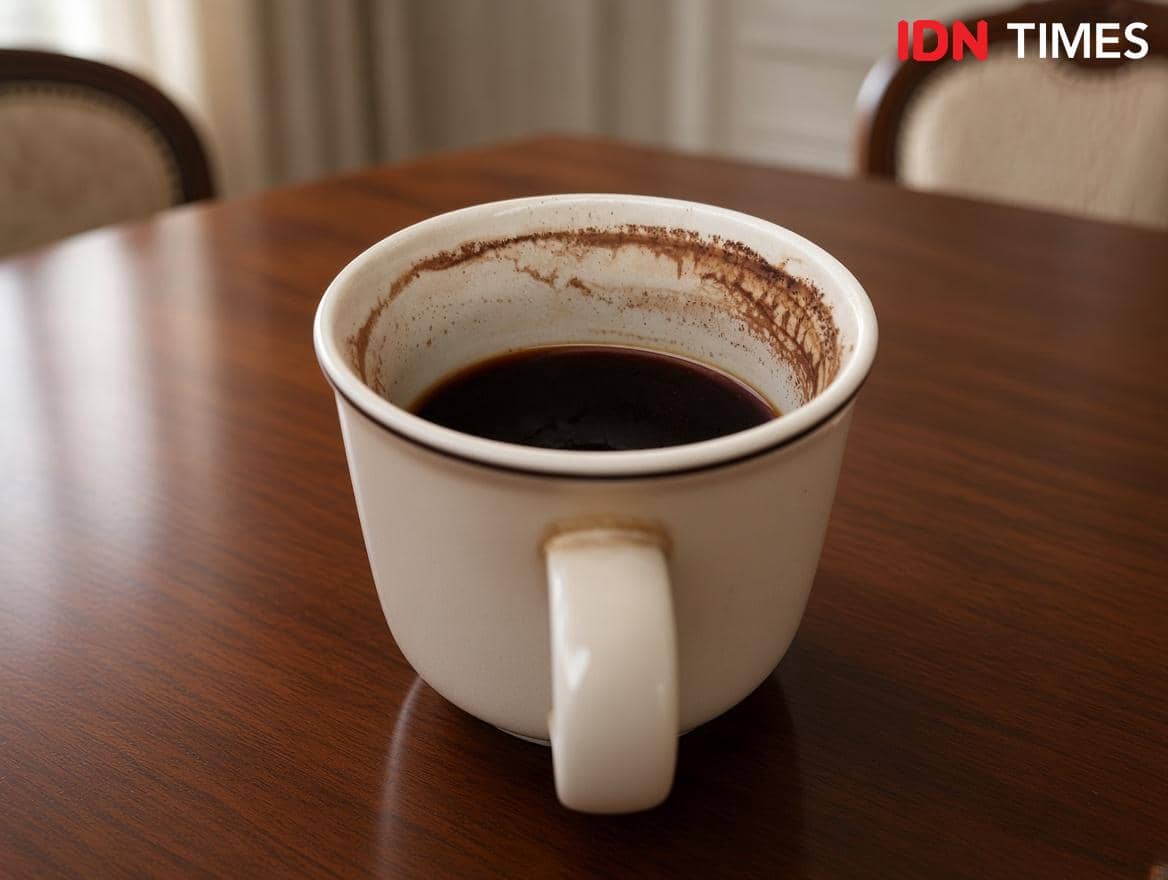 Secangkir kopi hitam disajikan bersama sepiring pisang goreng untuk perpaduan rasa pahit dan manis.