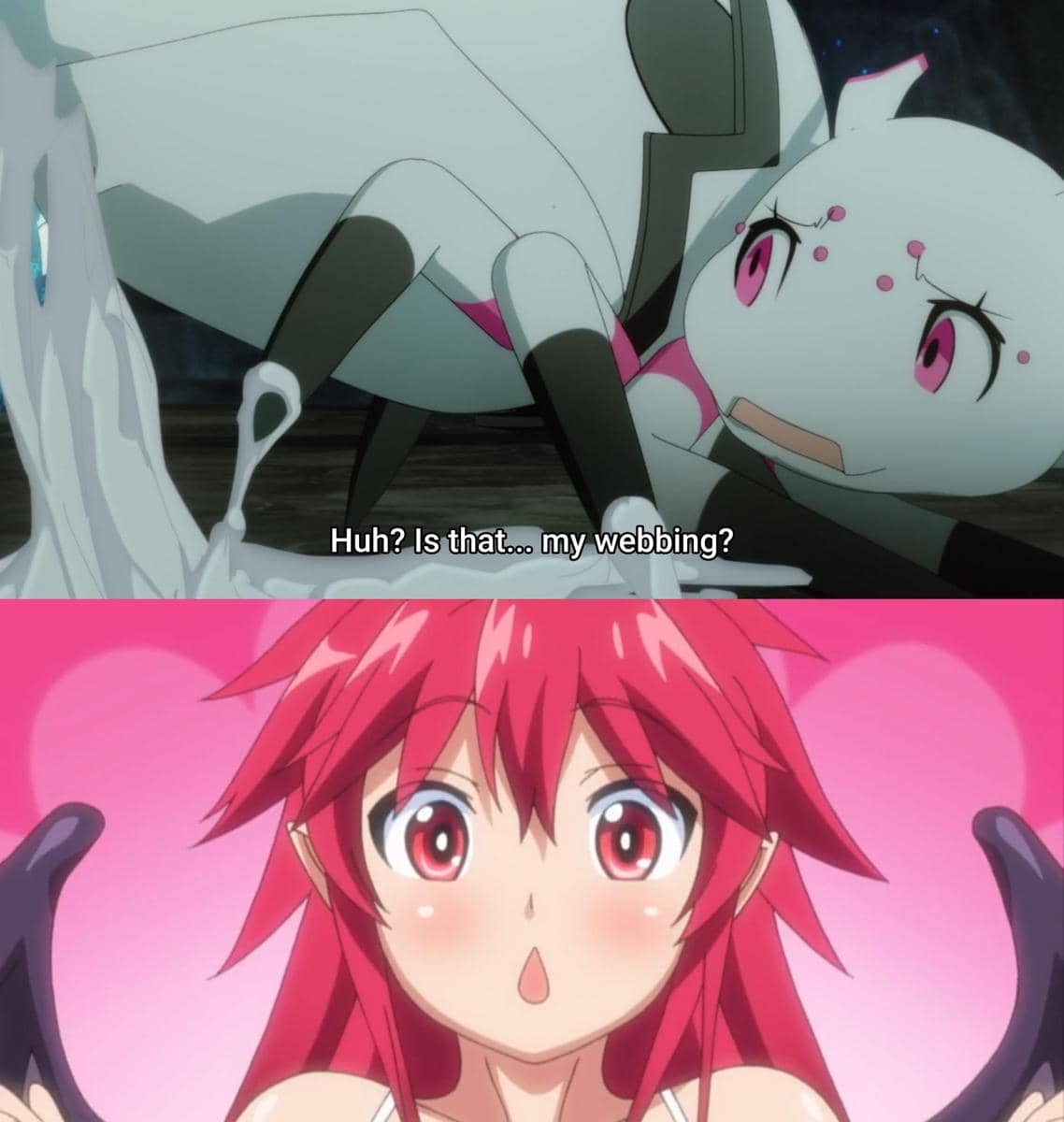 Meme anime tentang cewek laba-laba dengan teks humor, diunggah oleh pengguna Reddit biribiriburrito.