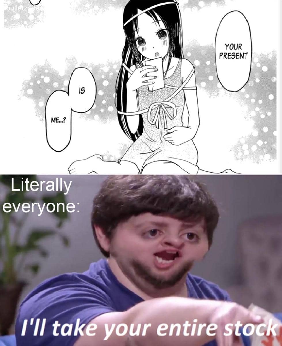 Meme anime bertema hadiah dari pengguna Reddit Bulletz4Dessert, menggunakan cuplikan karakter bergaya animasi.