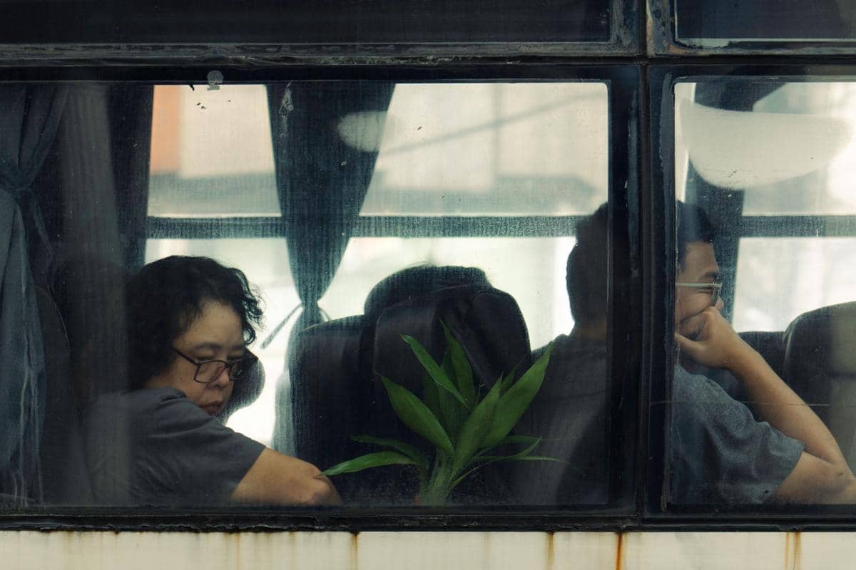 ilustrasi penumpang bus yang duduk tenang di dekat jendela