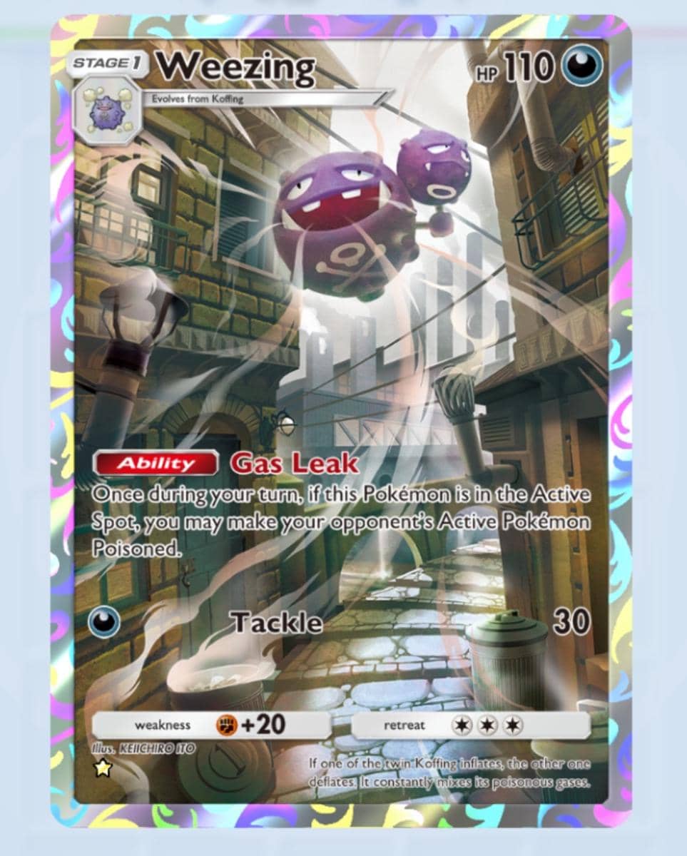 Tangkapan layar kartu Weezing dalam gim Pokémon Trading Card Game Pocket dengan ilustrasi karakter Pokémon.