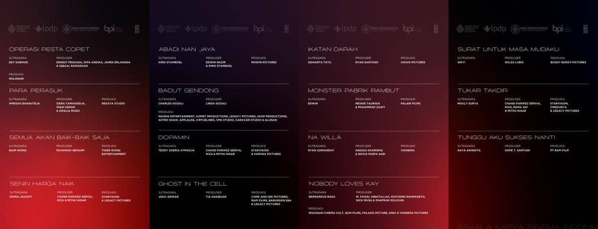 Poster Festival Film Indonesia 2026 memuat daftar 15 film cerita panjang yang lolos seleksi ajang festival.