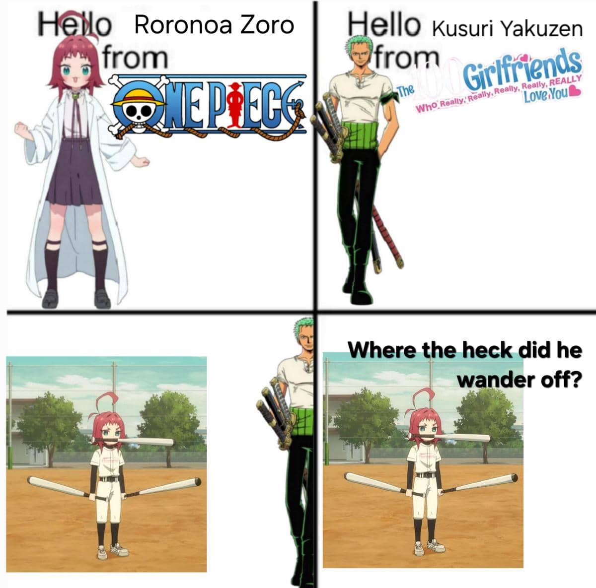 Meme bergaya anime bertema tongkat baseball, dengan sumber tercantum dari pengguna Reddit stevvvvewith4vs.