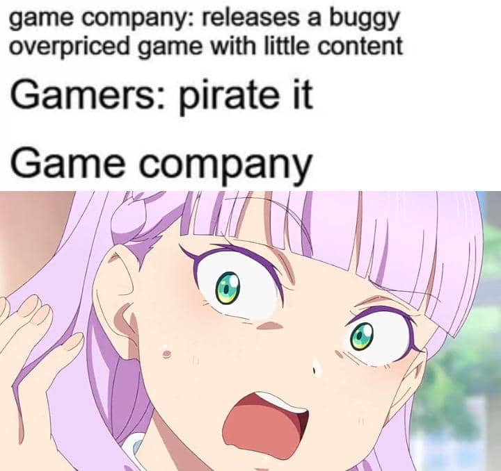 Meme bergaya anime bertema perusahaan yang dibagikan oleh pengguna Reddit bernama Holofan4life secara daring.