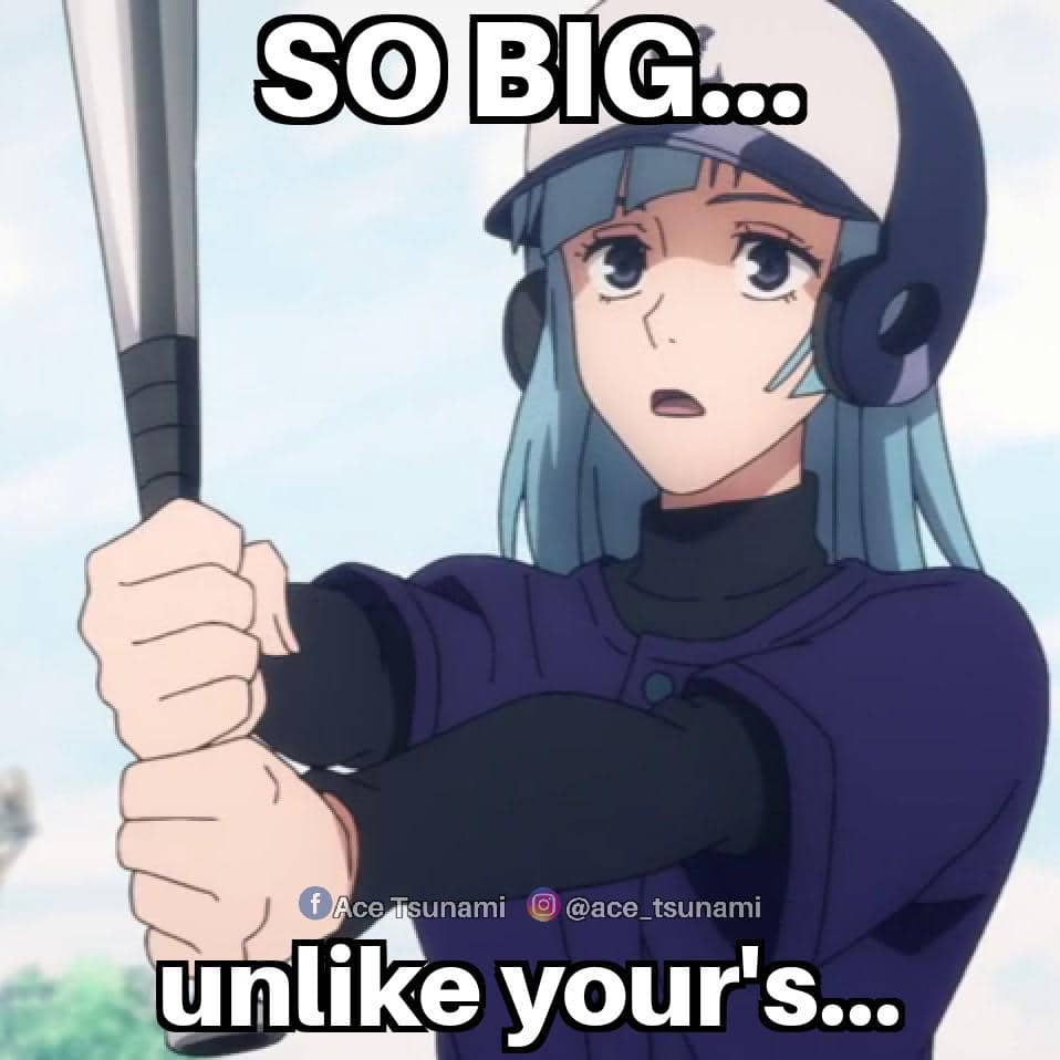Meme anime tentang tongkat baseball dengan karakter bergaya kartun serta teks humor yang dibagikan di Reddit.
