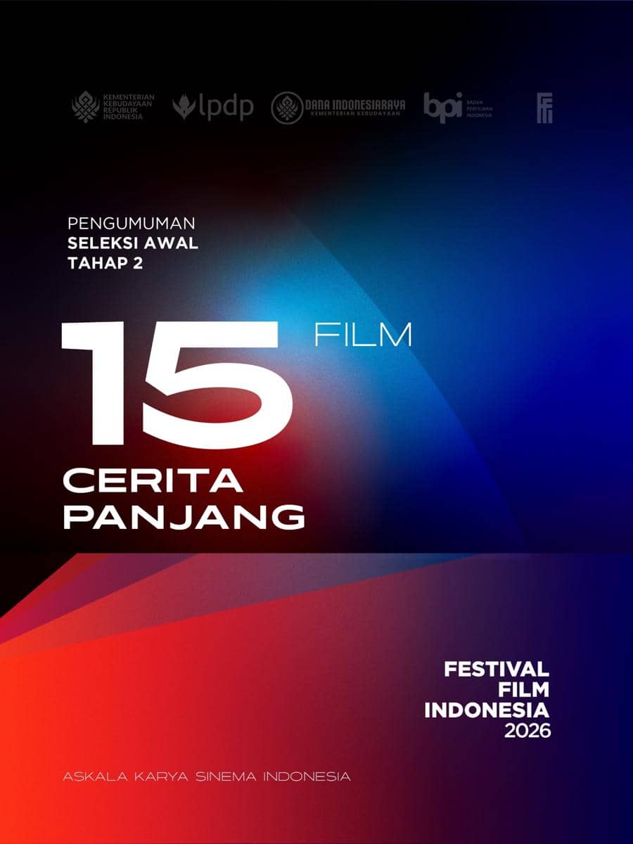 Poster Festival Film Indonesia 2026 menampilkan tulisan FFI dan nama acara pada latar desain grafis berwarna.