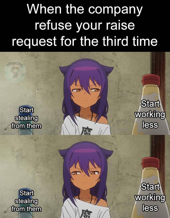 Meme bergaya anime bertema perusahaan dari pengguna Reddit Satokibi, memuat teks humor tentang situasi kerja.