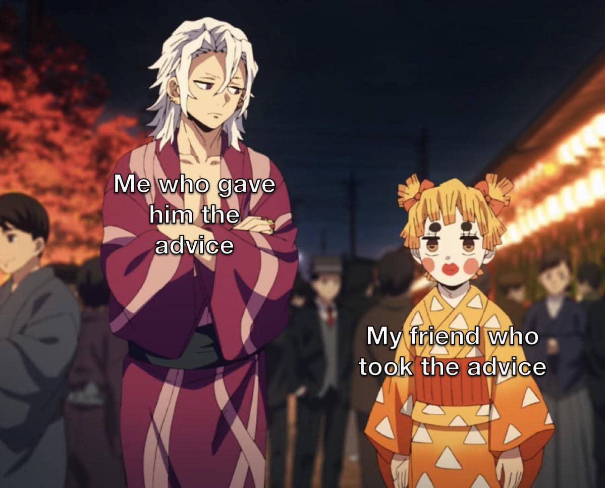 Meme bergaya anime tentang saran, menampilkan karakter animasi dengan teks percakapan bernada humor.