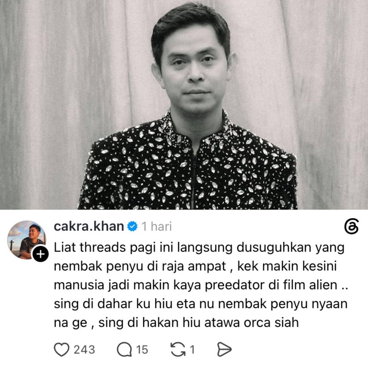 Potret Cakra Khan yang dibagikan melalui akun Instagram dan Threads miliknya sebagai unggahan media sosial.