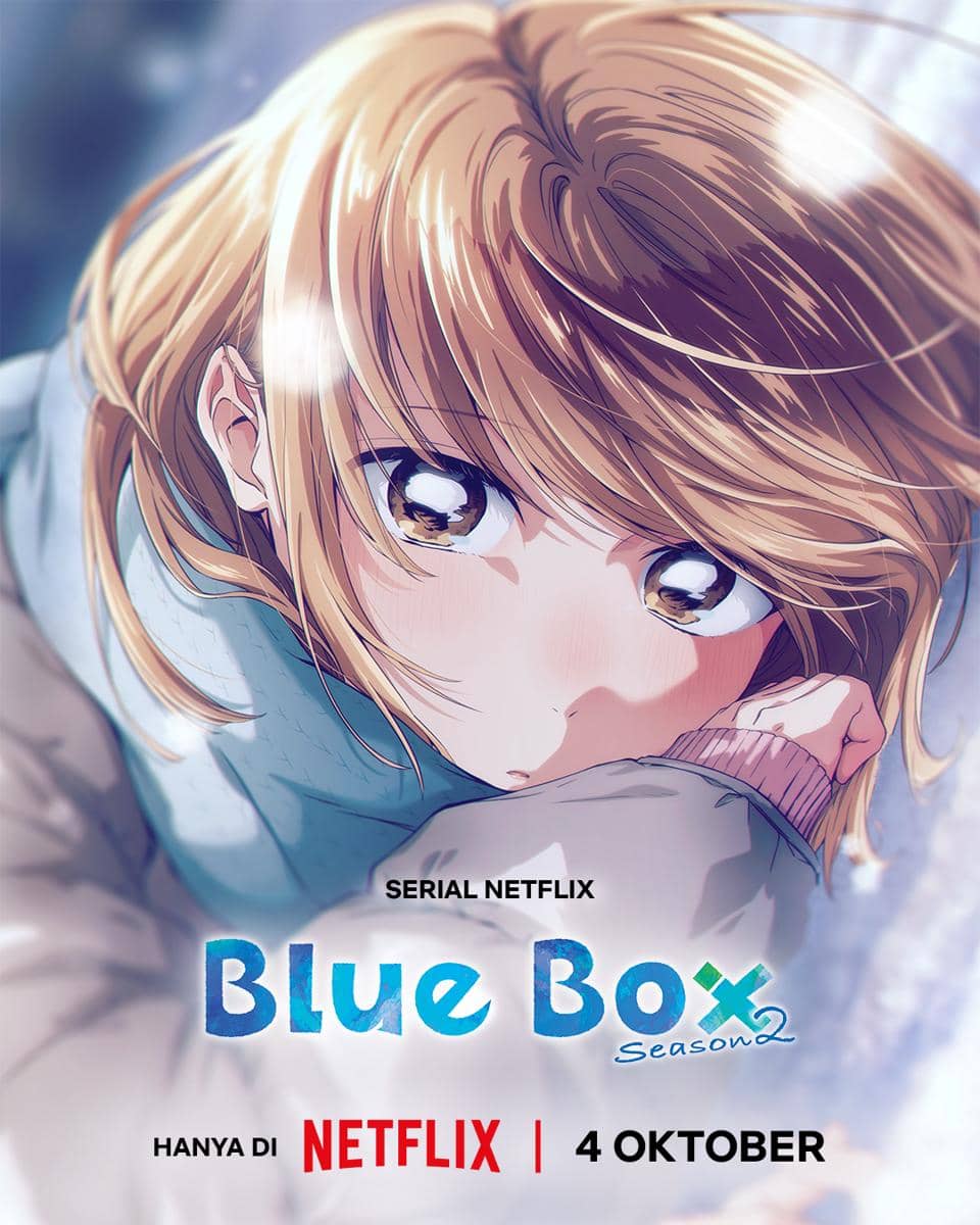 Visual promosi Blue Box Season 2 dari Shueisha dan Netflix dengan judul serial terpampang pada ilustrasi.