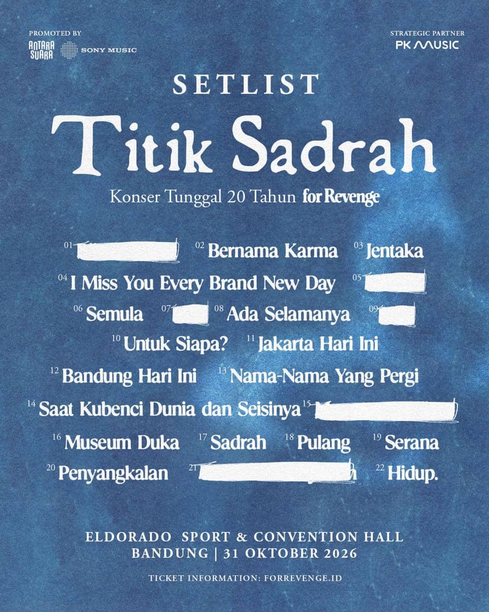 Daftar setlist bertajuk Titik Sadrah untuk Konser Tunggal 20 Tahun for Revenge diunggah lewat Instagram resmi.
