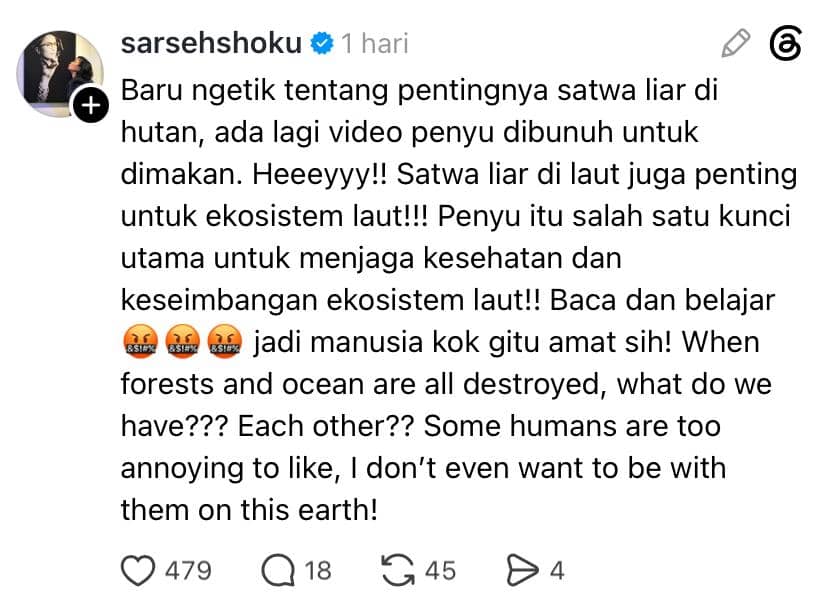 Tangkapan layar postingan Sarah Sechan di platform Threads dengan nama pengguna sarsehahoku yang terlihat.