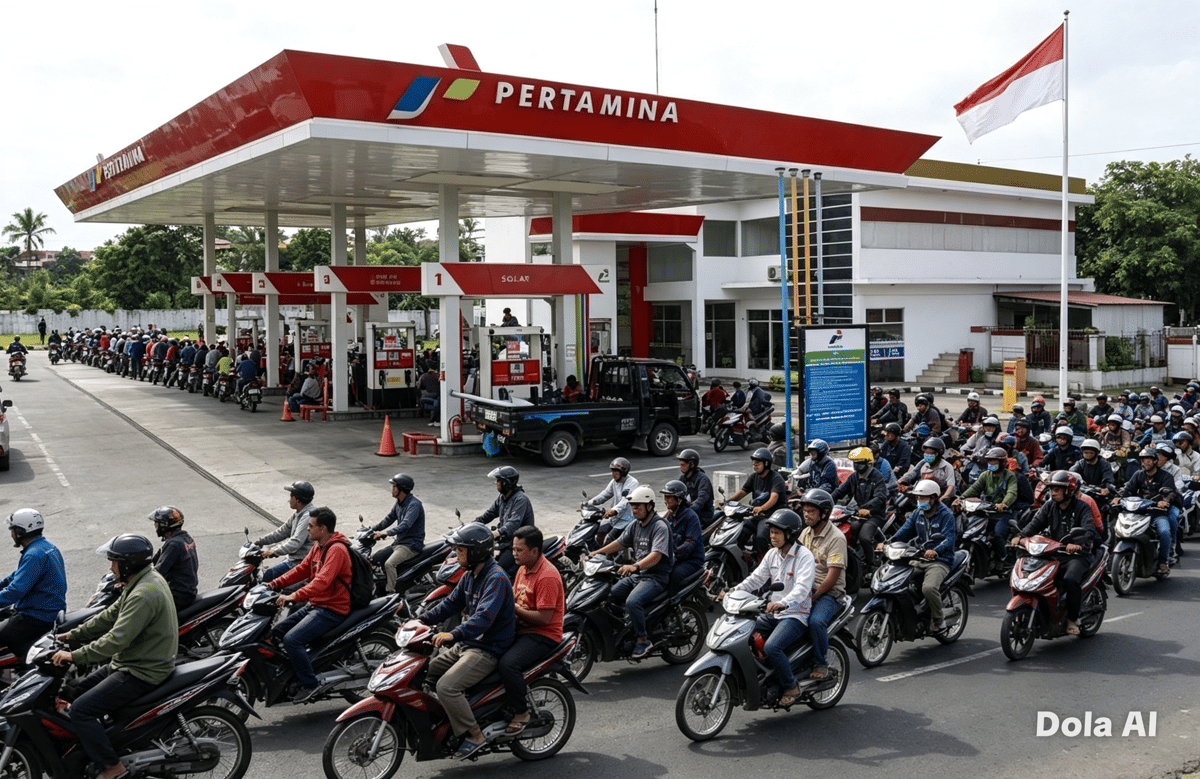 Pengendara Motor Sedang Mengantre BBM di SPBU