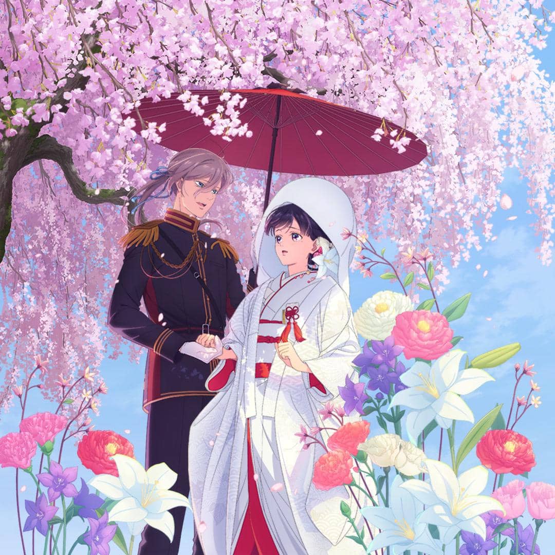 Ilustrasi anime My Happy Marriage Season 2 menampilkan Miyo Saimori dan Kiyoka Kudo dalam balutan busana Jepang.