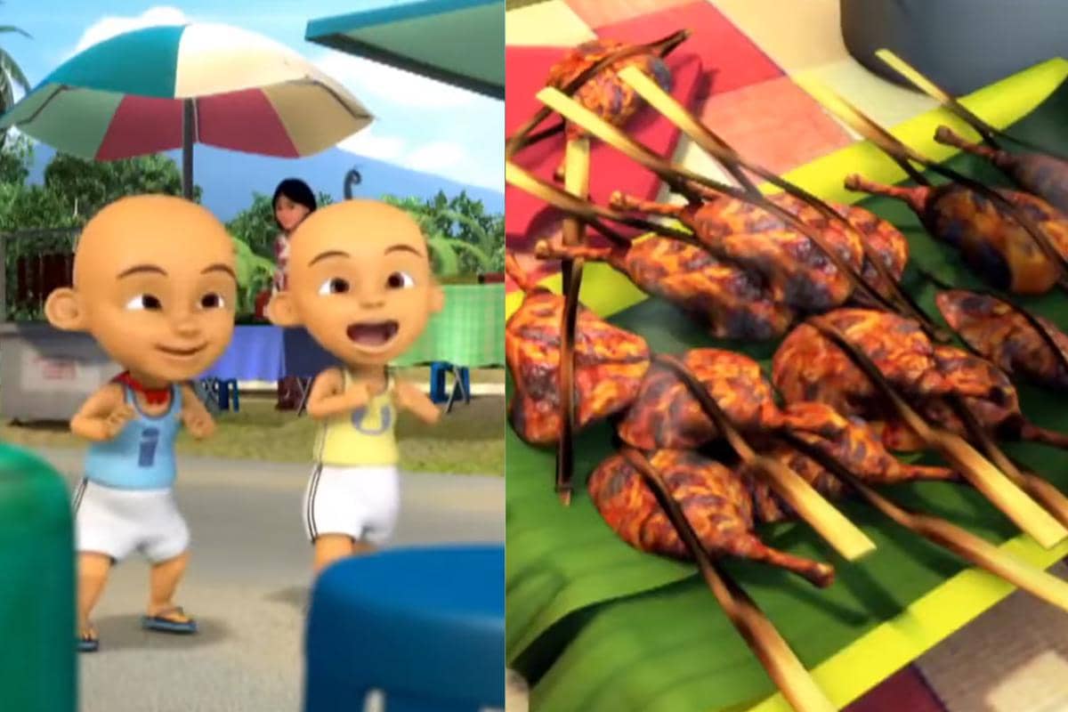 Upin dan Ipin lapar mata melihat aneka olahan ayam enak yang dijajakan di pasar