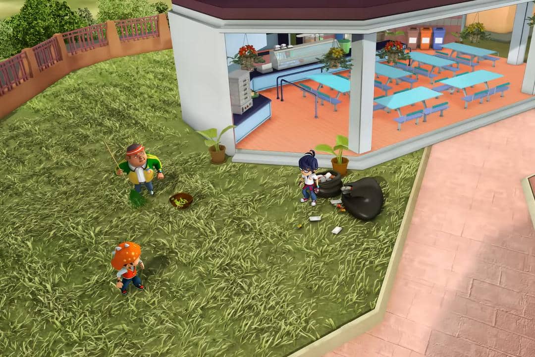BoBoiBoy, Gopal, dan Fang dihukum membersihkan kawasan sekolah, usai melanggar peraturan
