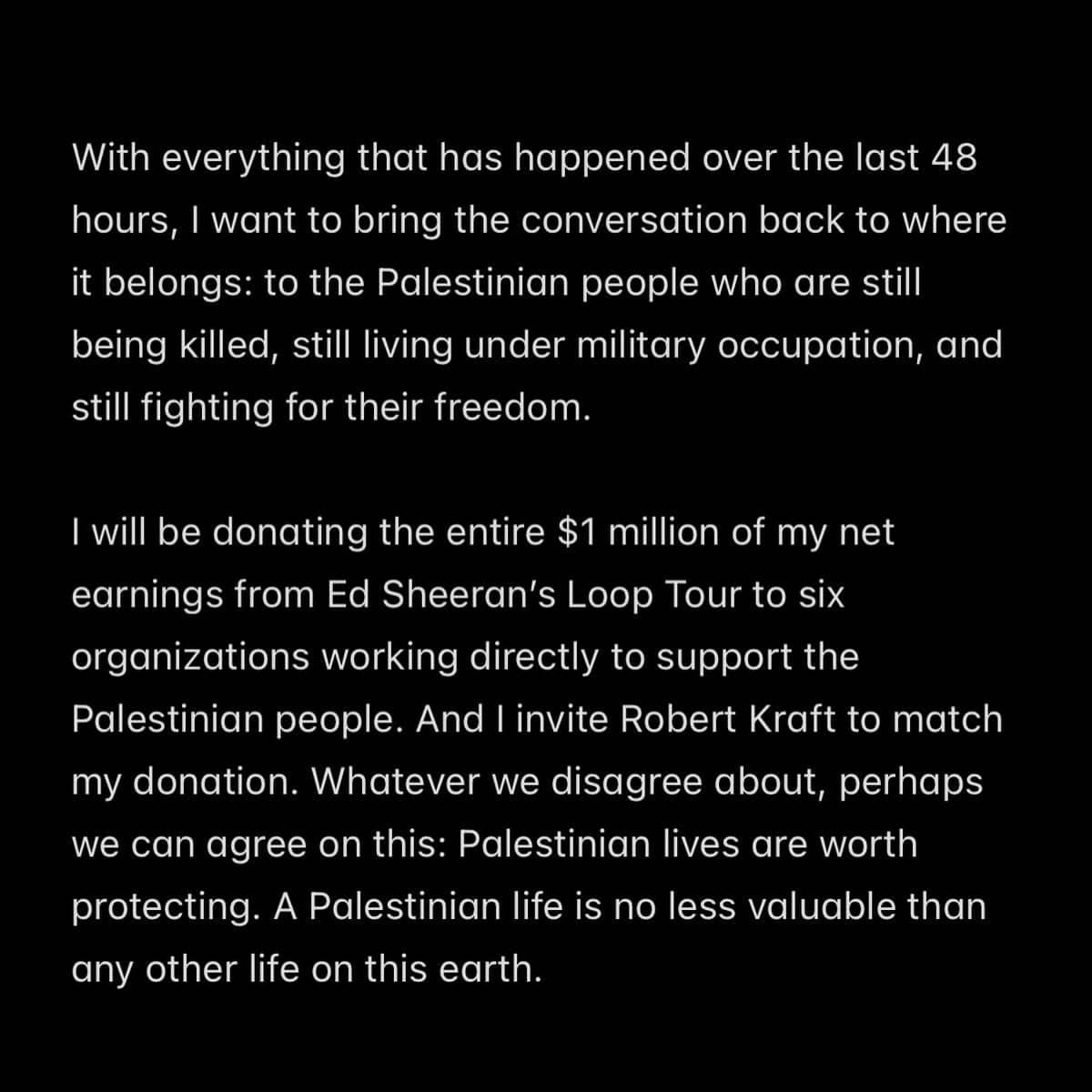 Bunyi pernyataan Macklemore yang mendonasikan penghasilan bersih 1 juta dolar dari tur Ed Sheeran untuk Palestina (instagram.com/macklemore)