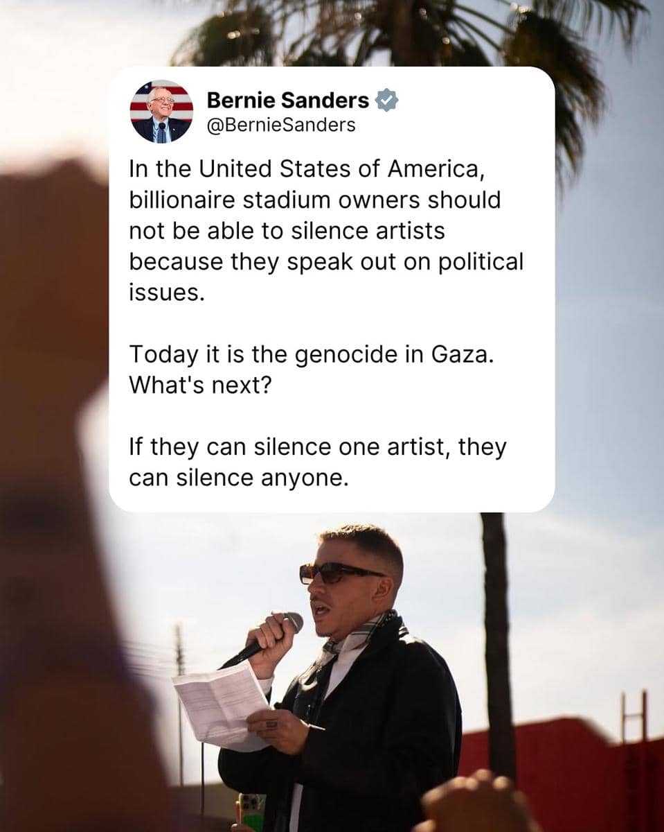 Tangkapan layar unggahan Instagram Bernie Sanders tentang Macklemore yang dicoret, dengan teks berlatar putih.