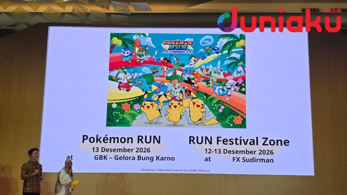 Layar presentasi Pokémon RUN Indonesia 2026 dalam acara yang digelar secara resmi oleh The Pokémon Company.