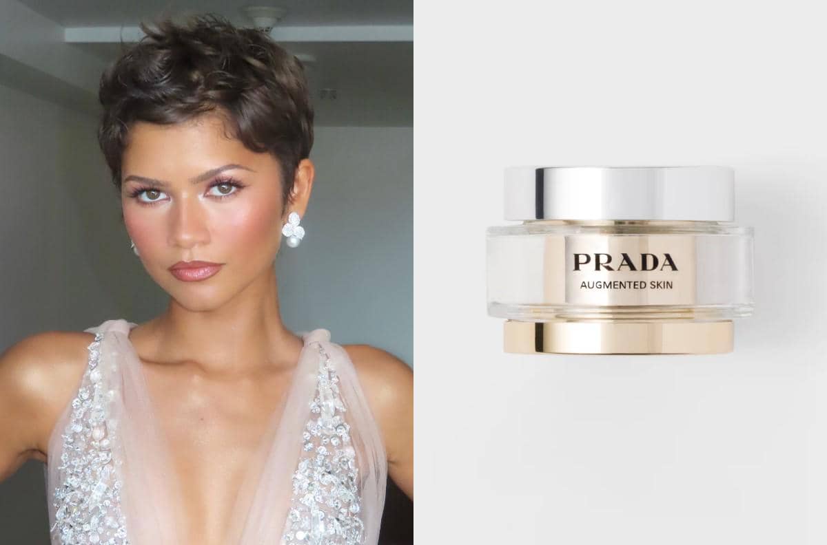 Potret Zendaya di Emmy Awards 2026 serta deretan produk makeup Prada Beauty dalam susunan kolase promosi.