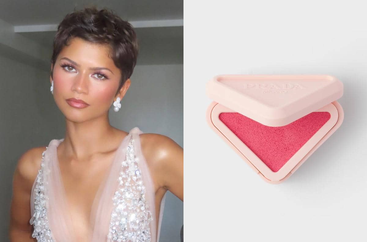 Zendaya tampil di Emmy Awards 2026 berdampingan dengan produk makeup Prada Beauty sebagai referensi riasan.