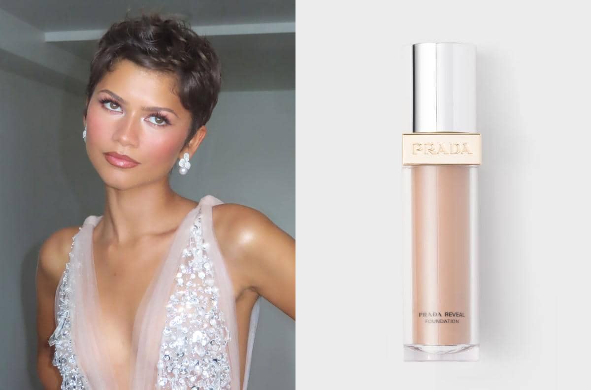 Kolase tampilan Zendaya di Emmy Awards 2026 berdampingan dengan produk makeup Prada Beauty yang disebut dalam riasannya.