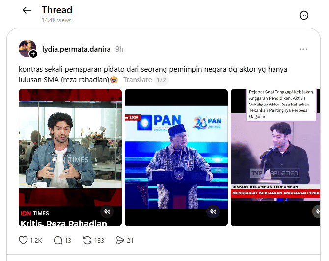 Seorang warganet mengunggah tiga video perbandingan pidato Presiden Prabowo Subianto dengan aktor Reza Rahadian di Threads, Sabtu (19/9/2026