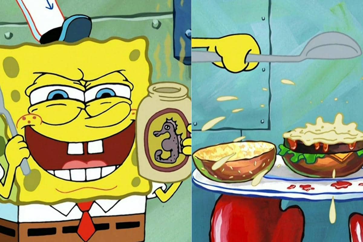 SpongeBob tampak menggunakan Seahorse Radish, saus yang profil rasa pedasnya mirip wasabi